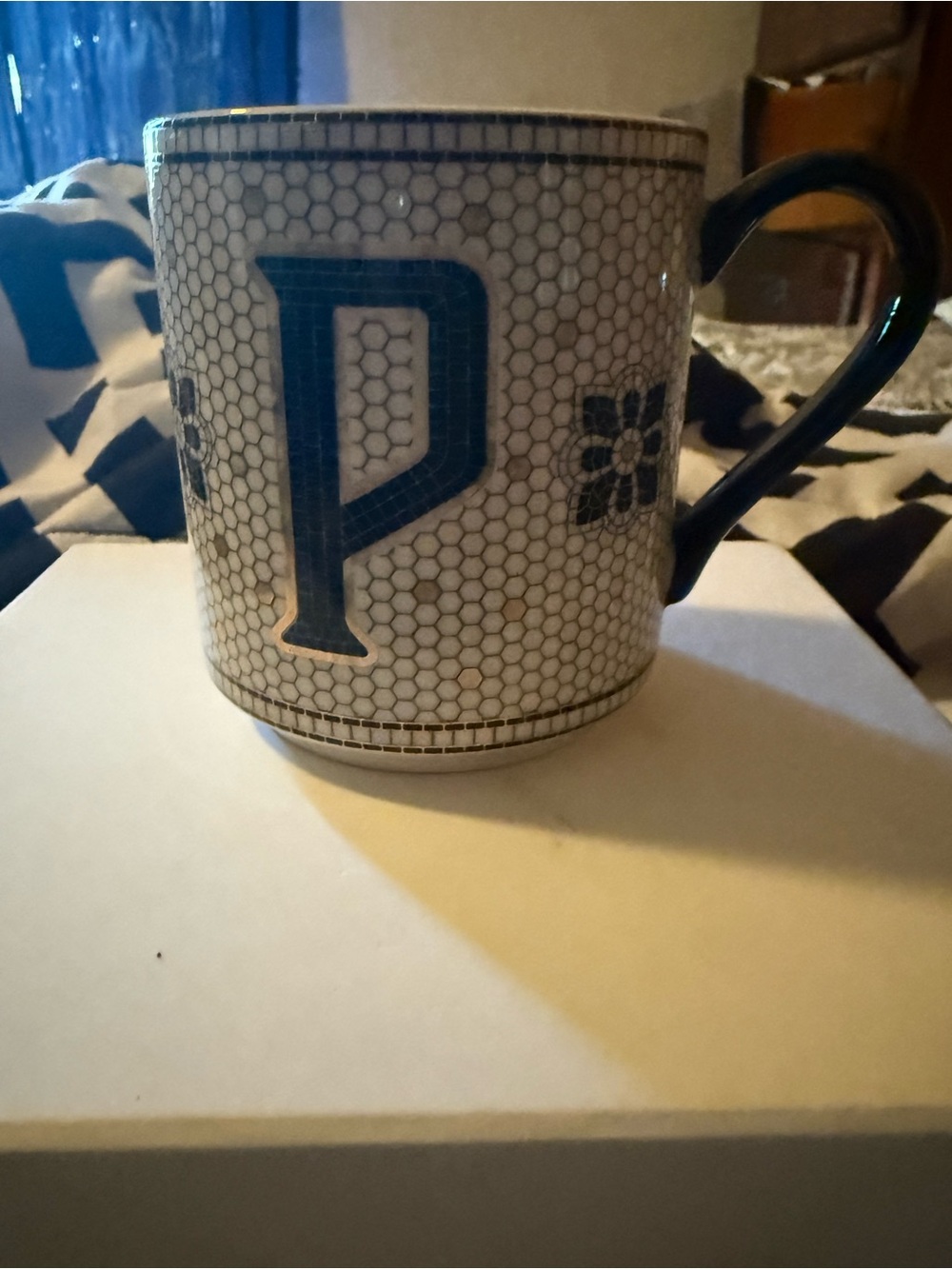 Anthropologie Porcelain Mug with Blue Monogram P